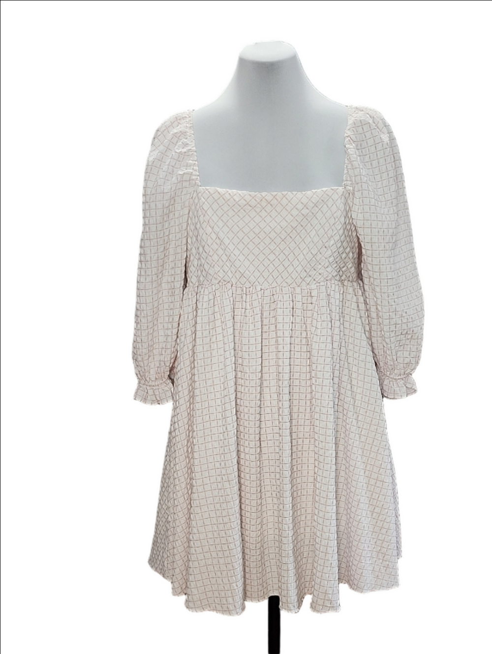 STORIA Cream pink plaid Puff Sleeve Square Neck mini Dress